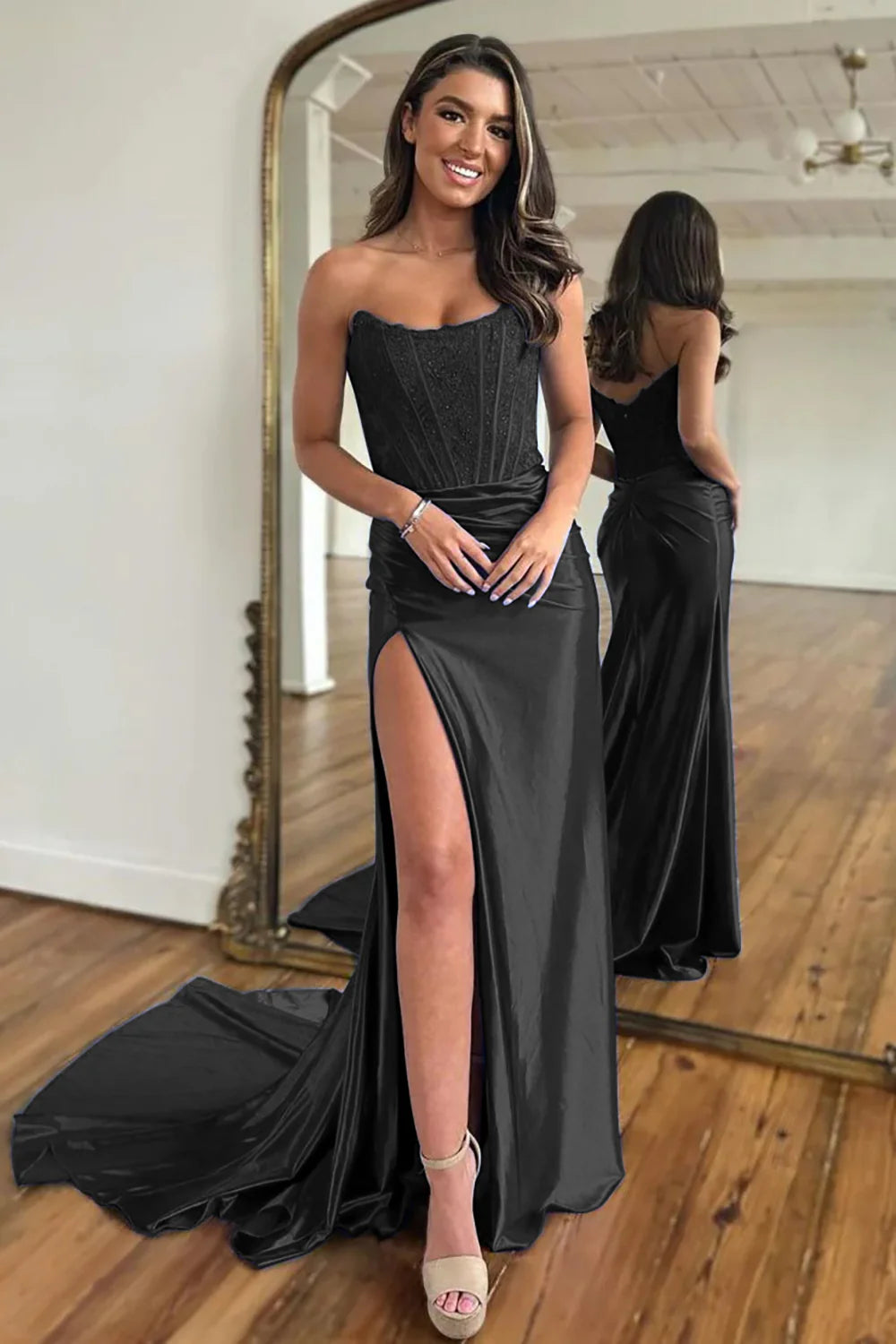 Vestido de fiesta largo con cola, sexy, sin tirantes y hombros descubiertos con abertura